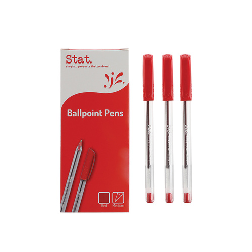 Stat Medium Ballpoint Pen 1.0mm Clear Barrel, Quick Drying RED - 12 Pack