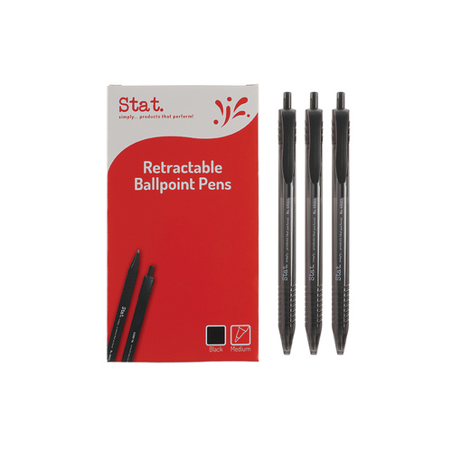 Stat Medium Ballpoint Pen Retractable 1.0mm Clear Barrel, Quick Drying BLACK - 12 Pack