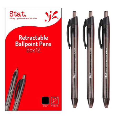 BLACK Medium Ballpoint Pen Retractable 1.0mm Clear Barrel, Quick Drying STAT 48003  - 12 Pack