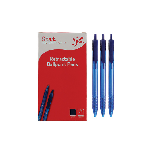 Stat Medium Ballpoint Pen Retractable 1.0mm Clear Barrel, Quick Drying BLUE - 12 Pack