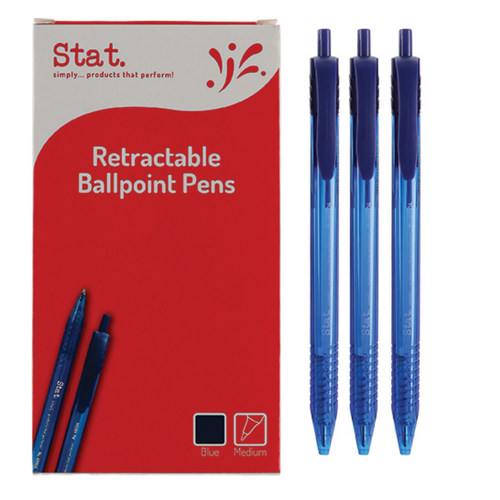 BLUE Medium Ballpoint Pen Retractable 1.0mm Clear Barrel, Quick Drying STAT 48004 - 12 Pack