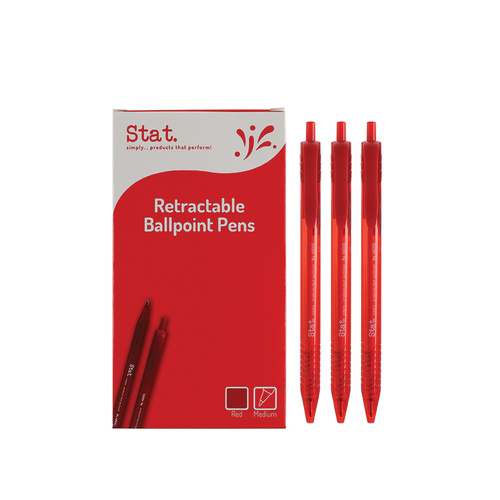 Stat Medium Ballpoint Pen Retractable 1.0mm Clear Barrel, Quick Drying RED - 12 Pack