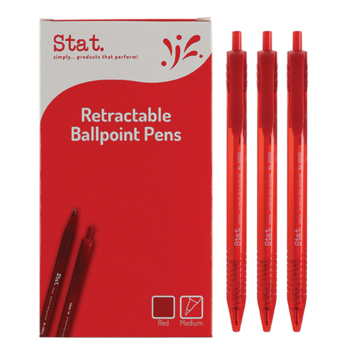 RED Medium Ballpoint Pen Retractable 1.0mm Clear Barrel, Quick Drying STAT 48005 - 12 Pack