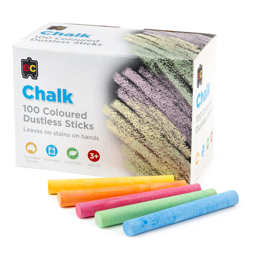 EC Chalk 100 pc Coloured Dustless Sticks NON-TOXIC - School Home Office use BULK