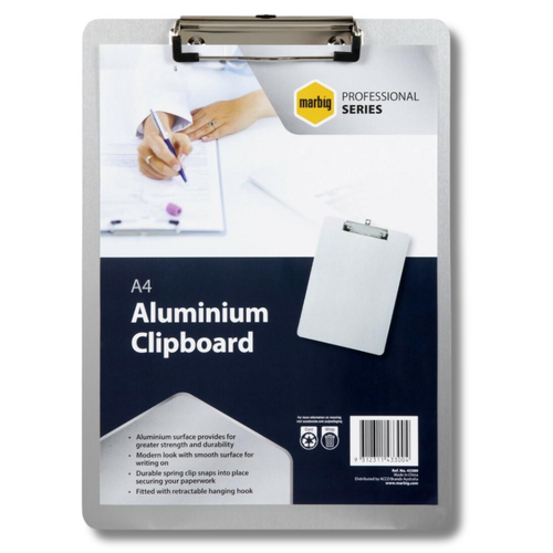 Marbig A4 Clipboard Aluminium With Retractable Hanging Hook 43300 - SILVER