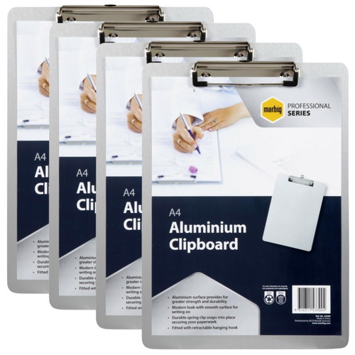 Marbig A4 Clipboard Aluminium With Retractable Hanging Hook 43300 - SILVER