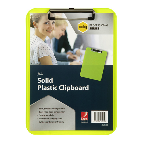 Marbig A4 Clipboard Clipfolder Solid Plastic Transparent 40220 - NEON GREEN