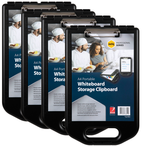 4PK X Marbig Professional Storage Clipboard / ClipfolderCase With Whiteboard 0368510  - Black