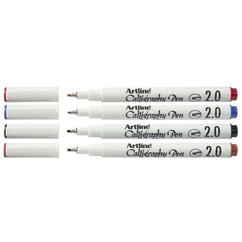 Artline Calligraphy Pen Acid Free 2mm Wedge Tip Black Blue Red Brown 4 Pen Set - Black Red Brown Blue