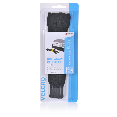 Velcro Reusable Cable Ties 25 x 200mm - 5 Pack Black