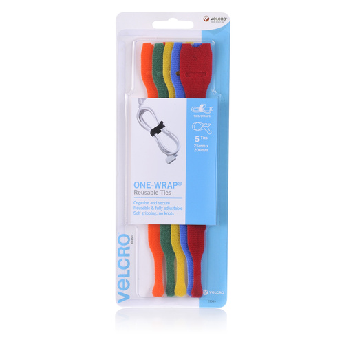 Velcro Reusable Cable Ties 25 x 200mm - 5 Pack Colours