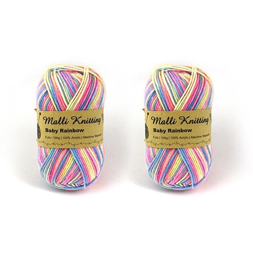 Malli 100g Multi Colour Knitting Yarn Super Soft Acrylic Crochet Craft Wool Balls 8ply - Baby Rainbow