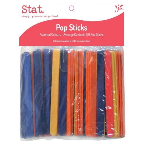 Stat Wooden Coloured Pop Sticks Craft -  150 Pack  