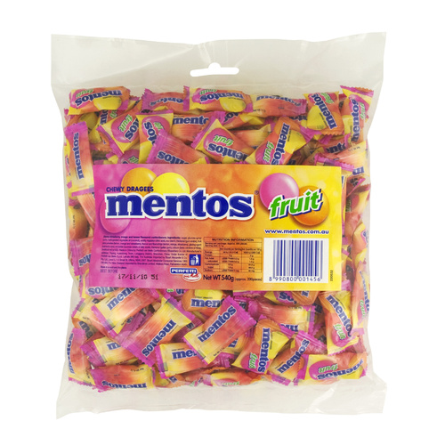 Mentos Fruit Pillow 540g Pack Chew Confectionery, lollies Bulk Bag - 200 Piece