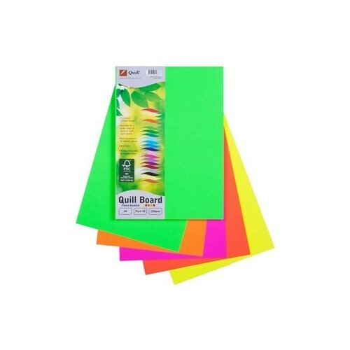 Quill A4 Cardboard 230gsm 50 Pack  - Assorted Fluoro Colours