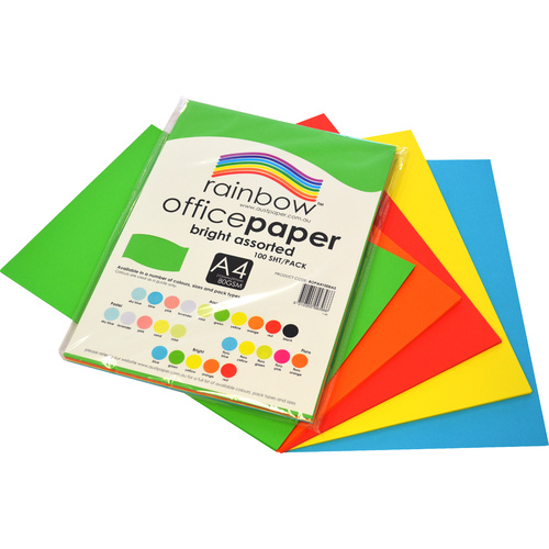 Rainbow A4 Copy Paper 80gsm 100 Sheets - Assorted Brights