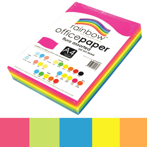 Rainbow A4 Copy Paper 75gsm 500 Sheets - Assorted Fluoro Colours