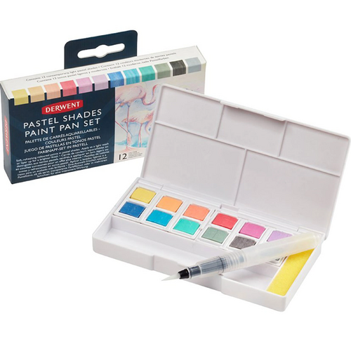 Derwent Pastel Paint Pan Colours Set 12 + Waterbrush Watercolour Painting - 2306865