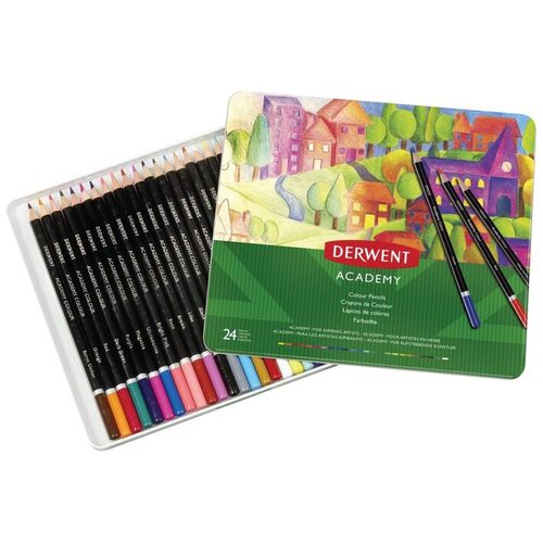 Derwent Academy Colouring In Coloured Pencils, Fade Resistant 24 Pack With Tin Case  - 2301938