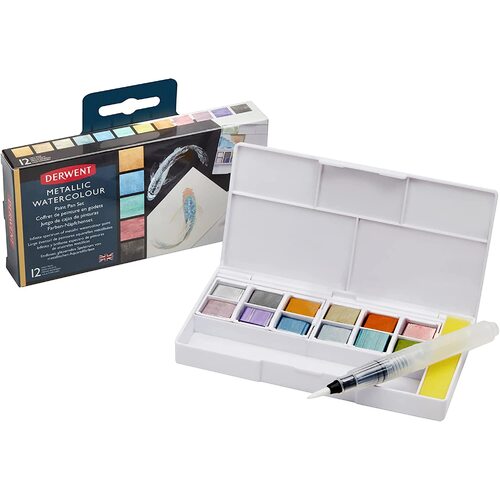 Derwent Metallic Paint Pan Colours Set 12 + Waterbrush Watercolour Painting - 2305657