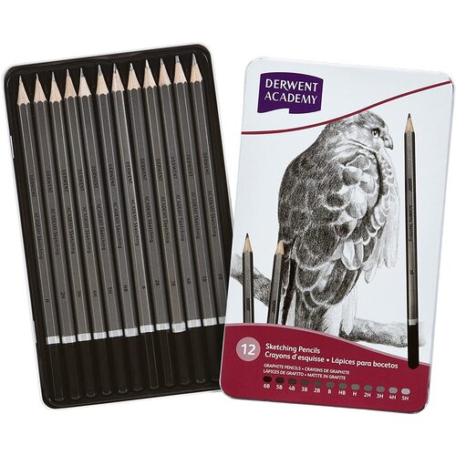 Derwent  Academy Sketching Pencils in Tin Case 2301946F - 12 Pack 
