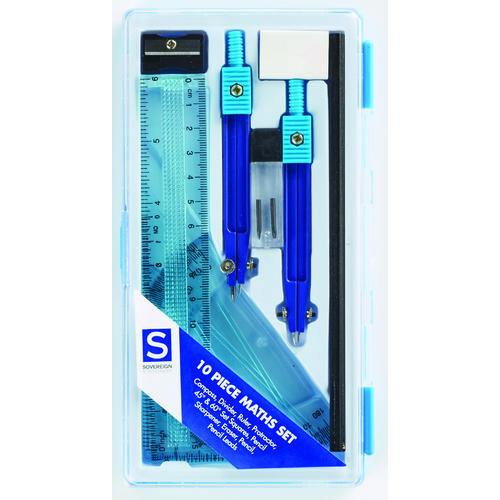 Sovereign 10 Piece Maths Set In Sturdy Plastic Case  includes Compass,Protractor, Set Square & More