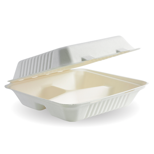 White BioCane 3 Compartment Clamshell 200 Pack - 23x23x8cm