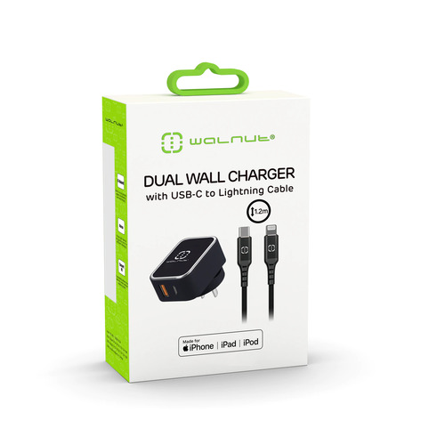 Dual Wall Charger With USB-C To Lightning Cable 1.2M - Black