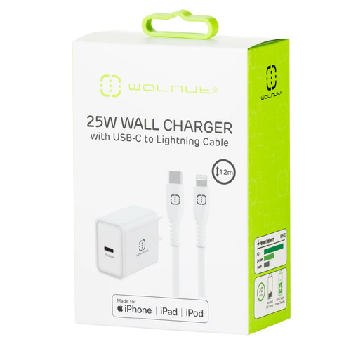 Walnut USB-C Wall Charger 25W Fast Charging With USB-C To Lighting Charging Cable 1.2m - White