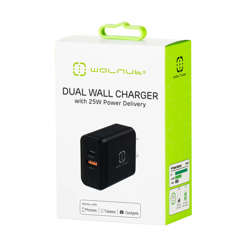 Walnut Dual Wall Charger With 25W Power Delivery USB C & USB A - Black