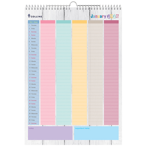 2026 Collins A3 Wall Calendar Brighton BTFC135 Month To View - Assorted Colours 