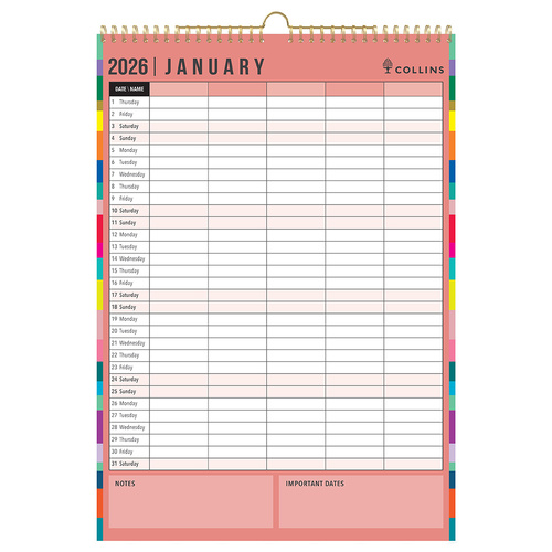 2026 Collins Wall Calendar A3 Edge Month To View EDFC135 - Assorted Colours