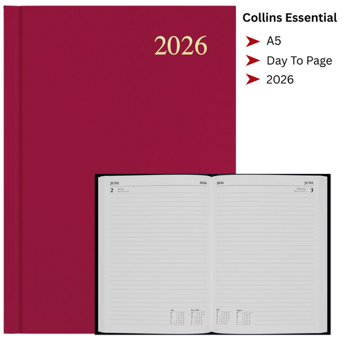 2026 Collins Essential A5 Diary Diaries Day To Page ESSA51.78 - Maroon