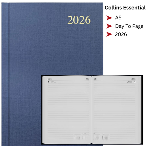 2026 Collins Essential A5 Diary Diaries Day To Page ESSA51.98 - Grey