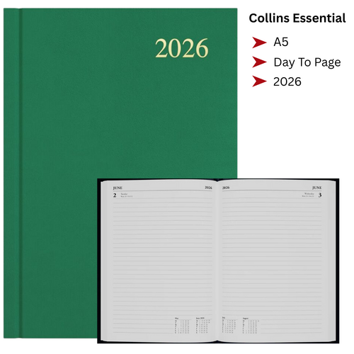 2026 Collins Essential A5 Diary Diaries Day To Page ESSA51.52 - Green