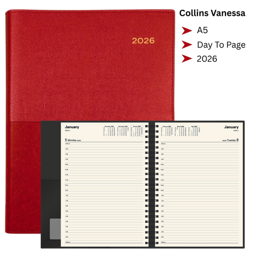 2026 Collins A5 Vanessa Diary Day To Page 185.V15 - Red