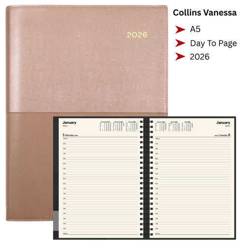 2026 Collins A5 Vanessa Diary Day To Page 185.V49 - Rose Gold