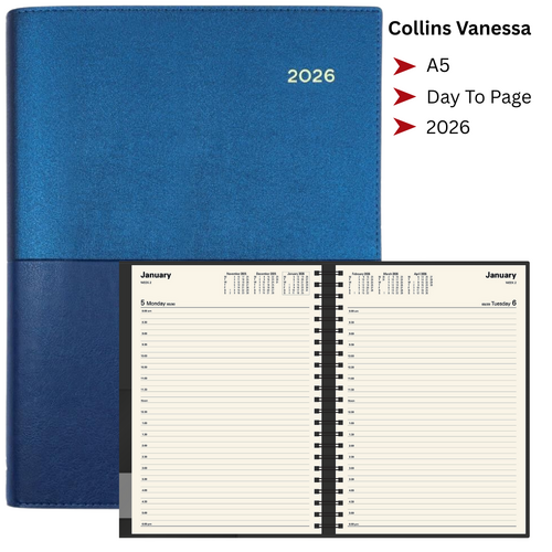 2026 Collins A5 Vanessa Diary Day To Page 185.V59 - Blue