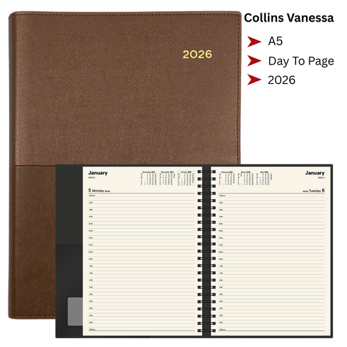 2026 Collins A5 Vanessa Diary Day To Page 185.V90 - Tan