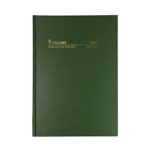 Collins 2026/2027 A4 Financial Year Casebound Diaries Week To View 34M4.P40 - Green