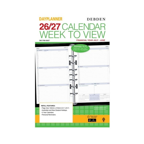 Collins 2026/2027 Debden Refill Financial Year Day Planner Weekly Dated 1 216x140mm DK1760 - Green