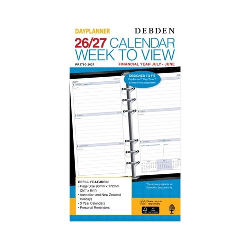 Collins 2026/2027 Debden Refill Financial Year Day Planner Weekly Dated 1 172x96mm PR2760 - Blue