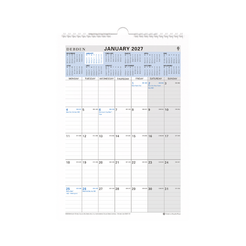 Collins 2027 Wall Calendar Wiro 210 x 297mm Month To View - CE0011