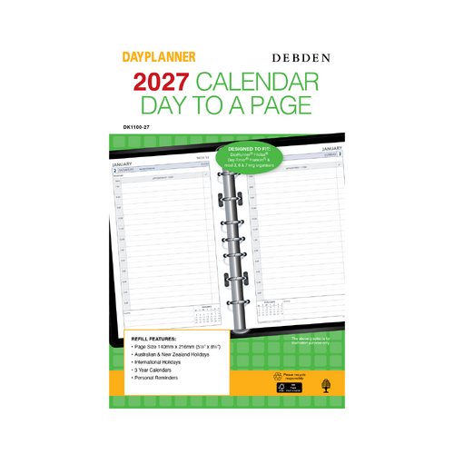 Collins 2027 Debden Day Planner Refill Desk 7 Ring Day To Page DK1100 140x216mm - Green