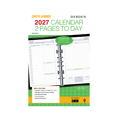 Collins 2027 Debden Day Refill Planner Desk 7 Ring 2 Pages To A Day DK1200 140x216mm - Green