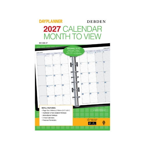 Collins 2027 Refill Debden Day Planner Desk 7 Ring Month To View DK1300 140x216mm - Green