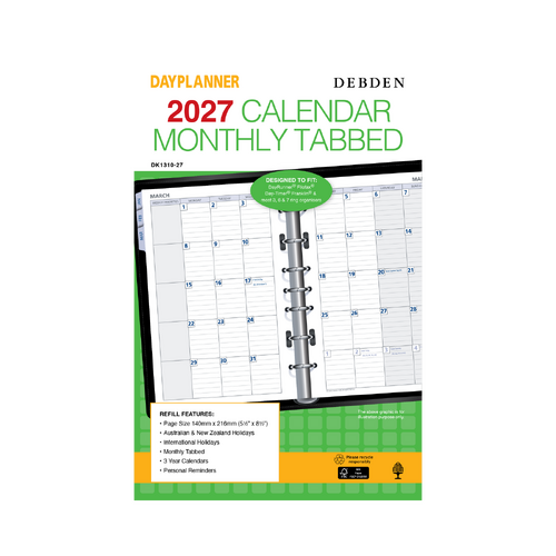 Collins 2027 Debden Refill Day Planner Desk 7 Ring With Tabs Month To View DK1310 140x216mm - Green