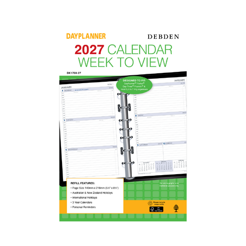 Collins 2027 Debden Day Planner Refill Desk 7 Ring Week To View DK1700 140x216mm - Green