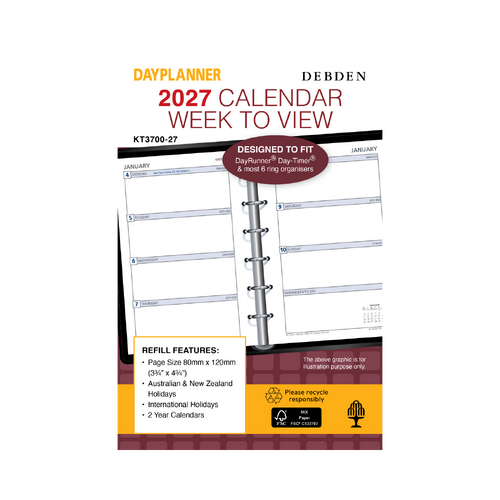 Collins 2027 Debden Day Planner Pocket 6 Ring Week To View KT3700 80x120mm - Burgundy