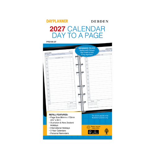 Collins 2027 Debden Day Planner Refill Personal 6 Ring Day To Page PR2100 96x172mm - Blue